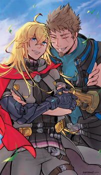 2boys artist_name blonde_hair blue_eyes brown_eyes brown_hair cheppo highres long_hair male_focus multiple_boys red_scarf rex_(xenoblade) scar scarf shulk_(xenoblade) signature sleeveless sleeveless_jacket xenoblade_chronicles_(series) xenoblade_chronicles_3