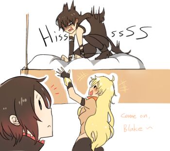bed black_hair blake_belladonna blonde_hair bunk_bed commentary english_commentary english_text gradient_hair kuma_(bloodycolor) long_hair multicolored_hair multiple_girls red_hair ruby_rose rwby weiss_schnee white_background yang_xiao_long