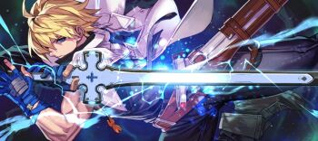 1boy black_pants black_shirt blonde_hair blue_eyes blue_gloves cowboy_shot electricity fingerless_gloves gloves guilty_gear guilty_gear_strive holding holding_sword holding_weapon hungry_clicker jacket jacket_on_shoulders ky_kiske male_focus official_art pants shirt short_hair solo sword weapon white_jacket