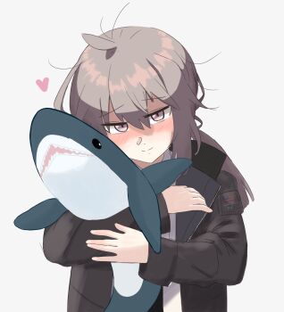 1girl blush brown_hair brown_jacket girls&#039;_frontline grey_hair heart highres hugging_doll hugging_object ikea_shark jacket m200_(girls&#039;_frontline) purple_eyes shirt smart_oval solo stuffed_animal stuffed_shark stuffed_toy upper_body white_background white_shirt