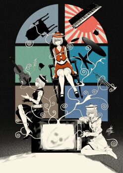 Rule 34 | 3girls, arm support, black footwear, black headwear, black skirt, black vest, boots, brown hair, buttons, chair, closed eyes, closed mouth, commentary request, crescent, cup, dress, egasumi, expressionless, fine art parody, frilled hat, frills, full body, hat, hat ornament, high heels, highres, indoors, instrument, keyboard (instrument), keyboard \(instrument\), limited palette, long sleeves, looking at viewer, lunasa prismriver, lyrica prismriver, mary janes, medium hair, merlin prismriver, monochrome, moon, multiple girls, music, musical note, nihonga, open mouth, parody, piano, playing instrument, profile, red headwear, red skirt, red vest, rising sun flag, shirt, shoes, short hair, short sleeves, siblings, signature, sisters, sitting, skirt, skirt set, smile, smoke, socks, star \(symbol\), sun, sun symbol, sunburst, sunburst background, table, television, thighhighs, touhou, trumpet, ukiyo-e, vest, violin, wariza, white shirt, window, yamada satoshi, yokozuwari