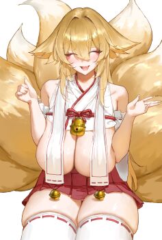 1girl absurdres animal_ears blonde_hair breasts closed_eyes dress fox fox_ears fox_girl fox_tail highres huge_breasts japanese_clothes kuzunoha_(cherin) large_breasts miko original sib_(9obsl) solo tail white_dress