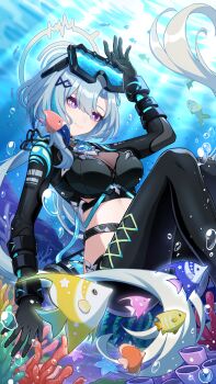 1girl absurdres air_bubble black_gloves blue_hair bodysuit breasts bubble chinese_commentary closed_mouth commentary_request diving_suit fish gloves goggles goggles_on_head griseo griseo_(cosmic_expression) griseo_(star-speckled_blue) hair_between_eyes halo hand_up highres honkai_(series) honkai_impact_3rd large_breasts long_hair long_sleeves looking_at_viewer official_alternate_costume official_art purple_eyes smile underwater water