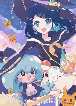 1girl alternate_costume black_cape black_hair black_shirt blue_eyes blue_hair blush broom broom_riding candy cape cowlick crescent crescent_hat_ornament food gen_8_pokemon hair_ornament hairclip halloween halloween_bucket halloween_costume haru_(haruxxe) hat hat_ornament hattrem highres holding holding_candy holding_food holding_lollipop jack-o&#039;-lantern liko_(pokemon) lollipop long_sleeves looking_at_viewer multicolored_hair neckerchief nintendo open_mouth orange_neckerchief pokemon pokemon_(anime) pokemon_(creature) pokemon_horizons pumpkin shirt short_hair shorts smile star_(symbol) white_shorts witch witch_hat