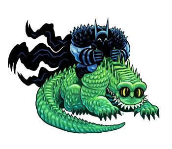2boys absolute_batman absolute_dc back_spikes bat_mask batman crocodile_boy crooked_teeth dan_hipp dc_comics extra_teeth killer_croc male_focus multiple_boys riding superhero_costume