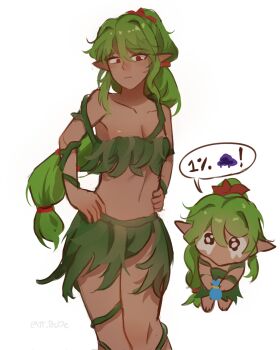! 1girl bag bikini chibi collarbone commentary dryad_(terraria) english_commentary green_bikini green_hair green_skirt hands_on_own_hips highres holding holding_bag latti_tudes leaf_bikini leaf_skirt long_hair looking_at_viewer multiple_views pointy_ears red_eyes simple_background skirt speech_bubble spoken_exclamation_mark swimsuit tearing_up terraria white_background