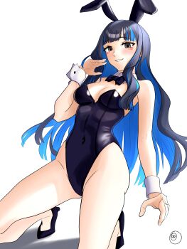 1girl absurdres animal_ears bare_shoulders black_hair black_leotard blue_hair blush bow bowtie breasts cleavage colored_inner_hair covered_navel dantonphanton detached_collar eyeliner fake_animal_ears fate/grand_order fate_(series) grey_eyes grin high_heels highleg highleg_leotard highres kneeling leotard long_hair looking_at_viewer makeup medium_breasts multicolored_hair playboy_bunny rabbit_ears sidelocks smile solo tenochtitlan_(fate) thighs wrist_cuffs