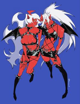 2girls 9now_1 absurdres blue_hair breasts colored_skin commentary_request demon_girl demon_horns demon_wings green_hair highres horns kneesocks_(psg) large_breasts long_hair looking_at_viewer multiple_girls panties panty_&amp;_stocking_with_garterbelt red_skin revealing_clothes scanty_(psg) small_breasts underwear unworn_panties wings
