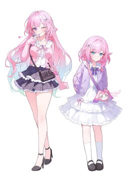 2girls alternate_costume aqua_hair bag_charm black_shoes blue_eyes blue_hair blush bow bowtie breasts cardigan character_bag charm_(object) closed_mouth commentary_request cyrene_(demiurge)_(honkai:_star_rail) cyrene_(honkai:_star_rail) cyrene_(philia093)_(honkai:_star_rail) diamond-shaped_pupils diamond_(shape) dress dual_persona earrings finger_to_mouth full_body gradient_hair hair_bow hair_intakes heart high_heels highres honkai:_star_rail honkai_(series) jewelry large_breasts layered_skirt long_sleeves looking_at_viewer medium_hair mem_(honkai:_star_rail) miho_(mymiho) multicolored_hair multiple_girls one_eye_closed open_cardigan open_clothes pink_hair pink_nails pink_ribbon pink_shirt pointy_ears purple_bow purple_bowtie purple_cardigan purple_eyes purple_skirt ribbon shirt shoes sidelocks signature simple_background skirt smile socks standing symbol-shaped_pupils twitter_username white_background white_bow white_dress white_socks