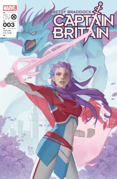 1boy 1girl 2023 absurdres asymmetrical_dual_wielding blue_flower cape captain_britain castle character_name clenched_teeth comic_cover company_name copyright_logo copyright_name cover cover_page dragon dragon_boy dual_wielding energy_barrier energy_shield energy_sword english_text fins flower gloves hair_flower hair_ornament head_fins highres holding holding_shield holding_sword holding_weapon logo long_hair marvel monster_boy official_art psylocke purple_eyes purple_flower purple_hair red_cape shield shogo_lee superhero_costume sword teeth transformation weapon white_gloves x-men yaoyao794