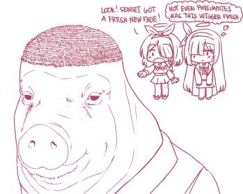2girls :o animalization arona_(blue_archive) blue_archive bow_hairband braid buzz_cut chibi coat collared_shirt commentary deculture english_commentary english_text hair_over_one_eye hairband halo long_hair medium_hair meme_request miniskirt monochrome multiple_girls neckerchief open_mouth pig plana_(blue_archive) pointing pointing_at_another sailor_collar school_uniform sensei_(blue_archive) serafuku shirt short_hair side_braid simple_background skirt standing very_short_hair white_background