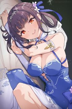 1girl bare_shoulders black_hair blue_dress blush braid breasts cleavage closed_mouth dress earrings flower hair_flower hair_ornament hair_rings heaven_burns_red highres jewelry large_breasts li_yingxia long_hair looking_at_viewer lying official_alternate_costume on_side orange_eyes red_eyes smile solo tanigawa_kent tiara