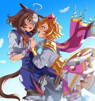 Rule 34 | 2girls, absurdres, ahoge, animal ears, armor, bag, between breasts, blue dress, blush, boro^2, bow, breasts, brown hair, cape, commentary, crown, double-parted bangs, dress, ear ribbon, english commentary, gloves, gold corset, hair between eyes, hairband, headband, highres, holding hands, horse ears, horse girl, horse tail, jewelry, large breasts, long sleeves, looking at another, medium hair, meisho doto (turbulent blue) (umamusume), meisho doto (umamusume), mini crown, multicolored hair, multiple girls, multiple rings, open mouth, orange hair, orange tail, pink cape, pink crown, pink hairband, pink headband, purple eyes, ring, shirt, short hair, shoulder armor, shoulder bag, skirt, smile, strap between breasts, t.m. opera o (o sole suo!) (umamusume), t.m. opera o (umamusume), tail, thighhighs, two-tone hair, two-tone skirt, umamusume, white gloves, white hair, white shirt, white thighhighs, yuri