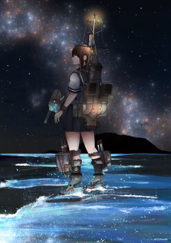 1girl anchor_symbol bananamaru black_sailor_collar black_skirt boots brown_hair from_behind fubuki_(kancolle) grey_boots highres kantai_collection looking_up low_ponytail machinery mast night night_sky outdoors pleated_skirt ponytail rigging sailor_collar school_uniform serafuku ship_turret shirt short_sleeves sidelocks skirt sky smokestack solo torpedo_launcher water white_shirt
