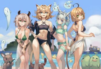 4girls ahoge alternate_costume animal_ear_fluff animal_ears aqua_eyes bare_shoulders beach bikini black_bikini blonde_hair blunt_bangs bow breasts brown_hair cat_ears cat_girl cat_tail cleavage commentary contrapposto cowboy_shot criss-cross_straps crossed_bangs dokibird dooby double-parted_bangs dragoon_(dokibird) flat_chest frilled_arm_strap frilled_bikini frilled_thigh_strap frills from_behind gradient_hair green_bikini green_eyes green_hair grey_hair grin hair_bow hair_flaps hair_intakes hand_on_own_arm hand_on_own_hip highres indie_virtual_youtuber jacket jacket_partially_removed kemonomimi_mode kippu_(dooby) large_breasts leaning_forward leather leather_jacket looking_at_viewer medium_breasts medium_hair mint_fantome mint_fantome_(minto_2.0) mouse_girl mouse_tail multicolored_hair multiple_girls naplings_(nimi_nightmare) navel nimi_nightmare nimi_nightmare_(tapir) one_side_up open_clothes open_jacket outdoors roober sarong see-through_clothes see-through_sarong side-tie_bikini_bottom sidelocks smile smoking_pipe standing stomach strapless strapless_bikini swimsuit tail tapir_ears tapir_girl teeth thigh_strap train turning_head twitter_username two_side_up virtual_youtuber white_sarong wisps_(mint_fantome)