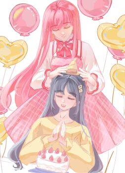 2girls argyle_clothes argyle_dress artist_self-insert balloon birthday birthday_cake black_hair bloom_poetry_(shining_nikki) blunt_bangs bow bowtie cake chair chinese_commentary closed_eyes closed_mouth collarbone collared_shirt commentary_request cowboy_shot dress dutch_angle elbows_on_table food frilled_shirt_collar frills fruit hair_ornament hairclip hands_on_another's_head happy hat heart_balloon high_collar highres long_hair long_sidelocks long_sleeves medium_dress multiple_girls nikki_(nikki) nikki_(series) on_chair open_mouth own_hands_together parted_bangs party_hat pinafore_dress pink_dress pink_hair plate pleated_dress praying puffy_long_sleeves puffy_sleeves qingxu red_bow red_bowtie shining_nikki shirt sidelocks sitting sleeveless sleeveless_dress smile standing strawberry teeth upper_teeth_only very_long_hair white_background white_shirt yellow_hat yellow_shirt