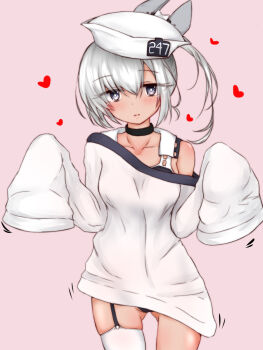 1girl black_one-piece_swimsuit breasts commentary_request dace_(kancolle) dixie_cup_hat garter_straps gluteal_fold grey_eyes grey_hair hat headgear heart highres kantai_collection looking_at_viewer medium_breasts military_hat one-piece_swimsuit shirt side_ponytail single_garter_strap single_thighhigh sleeves_past_fingers sleeves_past_wrists solo swimsuit swimsuit_under_clothes thighhighs two-tone_one-piece_swimsuit white_hat white_shirt white_thighhighs yuki_(yukineko-nyaa)