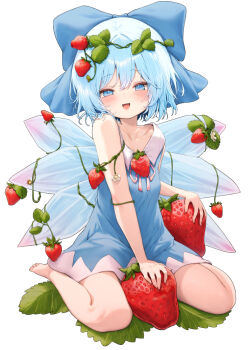 1girl :d armrest bare_arms bare_legs bare_shoulders barefoot blue_bow blue_dress blue_eyes blue_hair blush bow cirno collarbone commentary_request double-parted_bangs dress food fruit hair_between_eyes hair_bow half-closed_eyes happy mikan_(manmarumikan) open_mouth short_hair simple_background sitting smile solo strawberry touhou wariza white_background