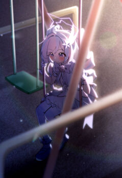 1girl absurdres ahoge blue_archive blush bow bowtie closed_mouth commentary_request dress full_body hair_ornament halo highres on_swing outdoors pink_hair puffy_short_sleeves puffy_sleeves purple_bow purple_bowtie purple_dress purple_eyes purple_hair reisa_(blue_archive) reisa_(magical)_(blue_archive) short_sleeves sitting solo star_(symbol) star_hair_ornament star_halo swing twintails whonyang