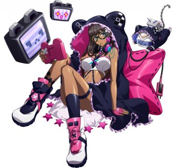 1girl animal_ear_hood animal_ears animal_hood arm_support bare_arms bare_shoulders bespectacled black-framed_eyewear black_cloak black_hair black_necktie black_shoes black_socks blue_eyes breasts candy cat_hood choker cleavage cloak controller creature dark-skinned_female dark_skin electric_plug fake_animal_ears fingerless_gloves fishnet_top fishnets food frilled_cloak full_body game_cg game_console game_controller glasses gloves green_nails hair_ornament handheld_game_console headphones headphones_around_neck holding holding_controller holding_game_controller hood hood_up hooded_cloak langrisser langrisser_mobile langrisser_re:incarnation large_breasts legs lensless_glasses lollipop lollipop_in_mouth long_sidelocks looking_at_viewer mesh midriff mouth_hold multicolored_shoes nail_polish navel necktie official_alternate_costume official_art pillow pink_cloak pink_gloves pink_shoes shoes sidelocks simple_background single_glove single_sock sitting sitting_on_pillow sneakers socks solo star_(symbol) strap strapless tachi-e television thigh_strap third-party_source towa_(langrisser) transparent_background tube_top two-sided_cloak two-sided_fabric white_shoes white_tube_top