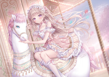 1girl balloon bare_shoulders blue_eyes blush bow breasts brown_hair carousel choker collarbone commentary_request floating_hair frilled_hairband frilled_skirt frilled_socks frills hair_bow hairband kohinata_hoshimi long_hair looking_at_viewer original parted_lips pink_bow pink_choker pink_hair pink_skirt pleated_skirt purple_eyes ribbon_choker skirt small_breasts socks solo two_side_up very_long_hair watermark white_socks