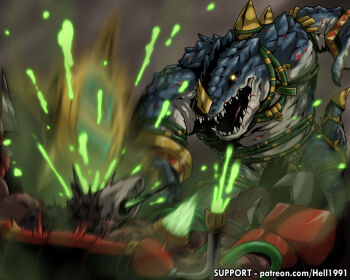 1boy 1other battle black_sclera blood blue_scales claws colored_blood colored_sclera commentary crocodilian cyborg english_commentary ghoritch glowing glowing_eyes green_blood hellcross_(dkrejd2000) kroxigor lizardman_(warhammer_fantasy) mace motion_blur muscular nakai_(warhammer_fantasy) no_humans open_mouth other_focus rat_ogre scales scar sharp_teeth skaven skull teeth warhammer_fantasy weapon yellow_eyes