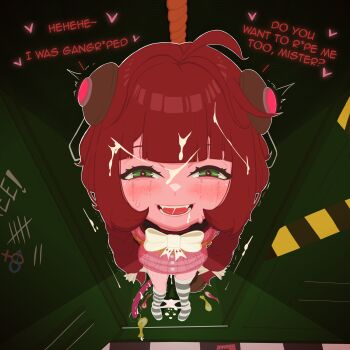 1girl aftersex aged_down black_thighhighs blush clothes_pull condom cum cum_in_mouth cum_on_body cum_on_clothes cum_on_hair cum_on_panties cumdrip dot_nose english_text excited eyelashes facial female_focus from_above full_body green_eyes heart heart-shaped_pupils huntamann implied_after_rape implied_hetero loli long_hair looking_at_viewer looking_up masochism medium_hair mihoyo naughty_face open_mouth panties panty_pull pink_panties pink_shirt pink_skirt pov red_hair shirt skirt smile solo standing striped_clothes striped_panties symbol-shaped_pupils teeth thighhighs tongue two-tone_thighhighs ukinami_yuzuha underwear used_condom white_thighhighs zenless_zone_zero