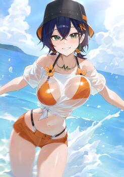 1girl absurdres belle_(summer_skies)_(zenless_zone_zero) belle_(zenless_zone_zero) bikini black_hat blue_eyes blue_hair blue_sky blush breasts cloud commentary_request crop_top day flower green_eyes hat highres horizon large_breasts looking_at_viewer motion_blur navel ocean official_alternate_costume open_mouth orange_bikini orange_shorts shirt short_twintails shorts sky solo splashing stomach swimsuit twintails wading water weimiaw wet wet_clothes wet_shirt white_shirt zenless_zone_zero