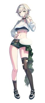 1girl absurdres asymmetrical_legwear belt black_nails black_socks black_sports_bra black_thighhighs blonde_hair breasts calvin_klein cat_ornament commentary_request cropped_shirt fingerless_gloves full_body gloves goddess_of_victory:_nikke hair_ears headband headset highres idol korean_commentary micro_shorts mole mole_on_stomach moon_(restire) multiple_belts navel prika_(nikke) shirt shorts silver_gloves single_sock single_thighhigh socks solo sports_bra thighhighs thighs torn_clothes torn_thighhighs uneven_legwear white_background white_headband white_shirt