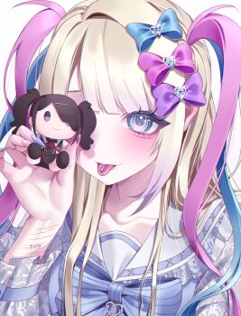 1girl :p absurdres ame-chan_(needy_girl_overdose) bleeding blonde_hair blood blue_eyes blue_hair bow bowtie character_doll chouzetsusaikawa_tenshi-chan doll highres jirai_kei long_hair looking_at_viewer m_psycho_83 needy_girl_overdose pill_on_tongue pink_hair quad_tails self-harm_scar solo tongue tongue_out upper_body
