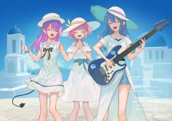 3girls blue_hair blue_shorts closed_eyes commentary_request demon_tail dress guitar hat holding holding_guitar holding_instrument hololive hoshimachi_suisei instrument long_hair minato_aqua multicolored_hair multiple_girls music off-shoulder_dress off_shoulder open_mouth piercing pink_hair playing_guitar playing_instrument purple_hair short_hair shorts sleeveless sleeveless_dress smile startend_(hololive) streaked_hair sun_hat tail tail_ornament tail_piercing tokoyami_towa virtual_youtuber white_dress white_hat xyunx