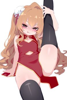 1girl aisaka_taiga alternate_costume arm_at_side bare_hips bare_shoulders black_thighhighs blush brown_eyes brown_hair china_dress chinese_clothes cleavage_cutout closed_mouth clothing_cutout dot_nose dress empty_eyes feet_out_of_frame female_focus flat_chest half-closed_eyes kukuchi581 kyojiri_loli leg_up loli long_hair looking_at_viewer matching_hair/eyes naughty_face navel navel_cutout pelvic_curtain red_dress simple_background sitting sleeveless sleeveless_dress smile solo thick_thighs thighhighs thighs tongue tongue_out toradora! two-tone_dress variant_set wavy_hair white_background wide_hips yellow_dress