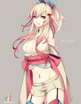 1girl arms_behind_back bad_id bad_nicoseiga_id bare_shoulders blonde_hair breasts character_name chibi cleavage creature_and_personification female_focus garter_straps gen_3_pokemon gradient_hair grey_background hair_ornament hair_ribbon japanese_clothes large_breasts looking_at_viewer merlusa midriff milotic multicolored_hair multicolored_legwear navel navel_piercing nintendo parted_lips personification piercing pokedex_number pokemon ribbon short_shorts shorts simple_background smile solo standing thighhighs two-tone_hair