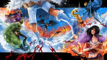 2girls 5boys aklirkiefer ascot black_coat black_hair black_jacket blonde_hair blue_cape blue_gloves blue_hair book boots burning burning_paper cape coat coat_on_shoulders demon_girl demon_tail demon_wings devil_fruit_power dragon_boy epaulettes fishbowl_helmet fur-trimmed_cape fur_trim gear_fifth giant giant_male gloves green_cape green_hair green_leg_warmers gunko highres holding holding_book holding_polearm holding_weapon imu_(one_piece) jacket knee_boots leg_warmers long_hair monkey_d._luffy multiple_boys multiple_girls navel nico_robin one_piece polearm purple_cape purple_jacket rimoshifu_killingham roronoa_zoro sanji_(one_piece) shepherd_sommers short_hair shorts sword sword_on_back tail tank_top trident weapon weapon_on_back white_ascot white_boots white_cape white_gloves white_shorts white_tank_top wings yellow_coat