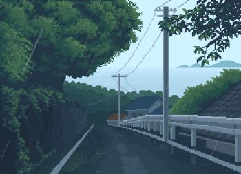 animated animated_gif building grey_sky horizon house mejwh no_humans ocean original outdoors pixel_art plant power_lines rain road scenery sky vines