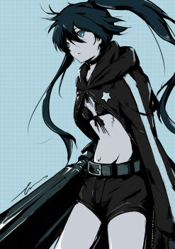 absurdres arm_cannon belt bikini bikini_top_only black_coat black_hair black_rock_shooter black_rock_shooter_(character) black_shorts blue_eyes clip_studio_paint_(medium) coat error1945 front-tie_bikini_top front-tie_top highres hood hooded_coat long_hair no_shirt open_clothes open_coat pale_skin rock_cannon scar shorts swimsuit twintails uneven_twintails weapon