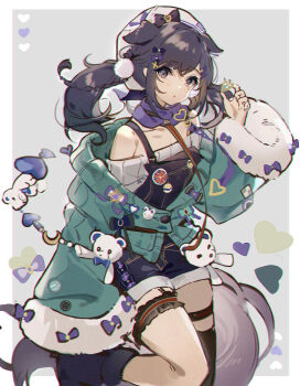 1girl aiba_uiha animal_ears aqua_eyes beret blue_eyes bow braid breasts cardigan cleavage commentary dog_ears grey_background hair_bow hair_ornament hairclip hat highres long_hair long_sleeves looking_at_viewer mole nijisanji off-shoulder_sweater off_shoulder overalls pom_pom_(clothes) purple_bow scarf shirt sidelocks simple_background solo stuffed_animal stuffed_toy sweater symbol-only_commentary tail teddy_bear thighhighs twintails virtual_youtuber wenquangua white_hat white_shirt