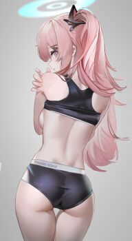 1girl absurdres ambriel_(arknights) arknights ass backboob bare_shoulders black_sports_bra breasts buruma closed_mouth clothes_lift commentary commission crop_top grey_background halo highres ligod long_hair looking_back pink_eyes pink_hair pixiv_commission shirt_lift simple_background solo sports_bra sports_bra_lift