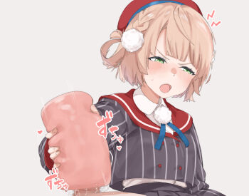 1girl angry averting_eyes beret blonde_hair blue_ribbon blunt_bangs braid buttons collared_shirt double-breasted embarrassed green_eyes grey_background grey_jacket hair_ornament hair_rings hat indie_virtual_youtuber jacket long_sleeves male_pubic_hair mandarin_collar neck_ribbon onahole_handjob open_mouth paid_reward_available pinstripe_jacket pinstripe_pattern pom_pom_(clothes) pom_pom_brooch pom_pom_hair_ornament pubic_hair red_hat red_sailor_collar ribbon sailor_collar school_uniform shibata_g_ransu shigure_ui_(1st_costume)_(vtuber) shigure_ui_(vtuber) shirt short_hair side_braid side_part side_up_ring simple_background sleeve_cuffs small_sweatdrop solo_focus swept_bangs upper_body virtual_youtuber white_shirt