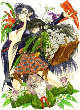 3girls black_bodysuit black_hair bodysuit breasts commentary_request flower glasses green_jacket grey_hair gun hammer handgun highres holding holding_gun holding_weapon jacket large_breasts long_hair looking_at_viewer mauser_c96 mouth_hold multiple_girls nakamura_hirofumi neck_ribbon open_bodysuit open_clothes original pointy_ears red_flower ribbon short_hair sigil skirt smile suitcase traditional_media weapon