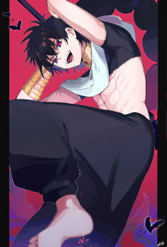 1boy abs absurdres baggy_pants barefoot black_hair bracelet braid crop_top gold_bracelet highres jewelry judal long_hair magi_the_labyrinth_of_magic male_focus midriff navel neck_ring pants pepshi506 red_eyes rukh_(magi) single_braid smile solo