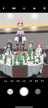 &gt;_&lt; 5girls :d absurdres animal_ear_headphones animal_ears aqua_halo aris_(blue_archive) arms_at_sides black_hair black_hairband black_jacket black_skirt black_tail black_thighhighs blonde_hair blue_archive blue_jacket blue_necktie blunt_bangs blunt_ends boots bottle bow bowl box braid bright_pupils cat_ear_headphones cat_ears cat_tail cellphone chair chinese_commentary chinese_text chopsticks closed_mouth collared_shirt commentary cup doodle_sensei_(blue_archive) dot_nose drinking_glass dsfr dual_persona fake_animal_ears fake_phone_screenshot fake_screenshot fake_tail fish_(food) food frilled_jacket frilled_skirt frills full_body game_development_department_(blue_archive) geforce_rtx_4090 glass_bottle green_bow green_eyes green_halo green_jacket grey_eyes hair_between_eyes hair_bow hairband halo hand_up headphones highres holding holding_phone indoors jacket jacket_partially_removed kei_(blue_archive) legs_apart long_bangs long_hair long_hair_between_eyes long_sleeves low-tied_sidelocks midori_(blue_archive) momoi_(blue_archive) multicolored_jacket multiple_girls necktie nervous_sweating on_box on_chair on_table one_side_up open_clothes open_jacket open_mouth orange_hair orange_halo oversized_clothes parted_bangs parted_lips phone pink_boots pink_eyes pink_halo pink_jacket plate pleated_skirt power_symbol profile puffy_long_sleeves puffy_sleeves purple_eyes rectangular_halo red_bow rice_bowl school_uniform sensei_(blue_archive) shirt short_hair short_necktie siblings sidelocks simplified_chinese_text single_braid sisters sitting skirt sleeves_past_fingers sleeves_past_wrists smartphone smile soup split_mouth standing standing_on_box suspender_skirt suspenders sweat table tablecloth tail tareme thighhighs tie_clip twins v-shaped_eyebrows very_long_hair viewfinder white_bow white_jacket white_mouth white_pupils white_shirt wine_bottle xd yuzu_(blue_archive)