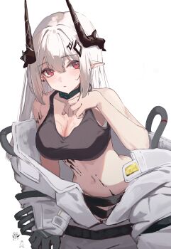 1girl absurdres arknights black_horns black_sports_bra blush breasts chest_sarashi cleavage crop_top demon_horns hair_between_eyes highres horns infection_monitor_(arknights) jumpsuit large_breasts long_hair material_growth mudrock_(arknights) mudrock_(elite_ii)_(arknights) navel nekomatamago open_jumpsuit open_mouth oripathy_lesion_(arknights) pointy_ears red_eyes sarashi simple_background solo sports_bra stomach sweat white_background white_hair white_jumpsuit