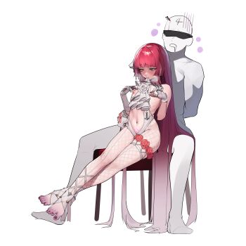 1boy 1girl absurdres bare_shoulders beeeeen breasts calypso_(last_origin) choker fishnet_pantyhose fishnets gloves highres last_origin long_hair nail_polish navel nipples pantyhose red_hair sitting skindentation small_breasts stirrup_legwear thigh_strap toeless_legwear toenail_polish toenails very_long_hair white_background white_gloves yellow_eyes