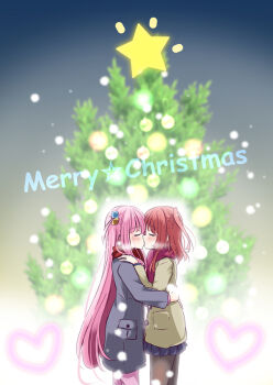 2girls alternate_costume black_leggings blush bocchi_the_rock! christmas_star christmas_tree closed_eyes coat commentary_request cube_hair_ornament gotoh_hitori grey_coat grey_skirt hair_ornament hands_on_another's_back hands_on_another's_shoulder heart ichimi kiss kita_ikuyo leggings long_hair medium_hair merry_christmas multiple_girls pants pink_hair pink_pants red_hair red_scarf scarf side_ahoge side_ponytail skirt winter_clothes yuri