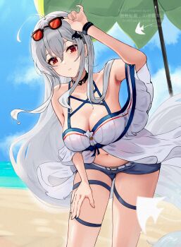 1girl ahoge aoi_tooru arknights bare_shoulders beach blue_shorts breasts cleavage eyewear_on_head hair_ornament highres long_hair looking_at_viewer midriff navel off-shoulder_shirt off_shoulder official_alternate_costume parasol red-tinted_eyewear red_eyes sand shirt shorts skadi_(arknights) skadi_(waverider)_(arknights) solo thigh_strap tinted_eyewear twitter_username umbrella water whale_hair_ornament white_hair white_shirt