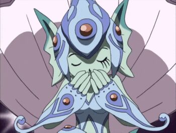 1girl animated animated_gif anime_screenshot blowing_kiss breasts clothing_cutout digimon digimon_(creature) digimon_frontier female_focus fingerless_gloves fins gloves happy head_fins helmet looking_at_viewer navel_cutout open_mouth ranamon smile source_request swimsuit