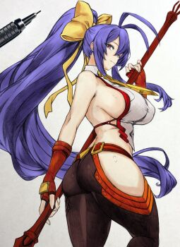 Rule 34 | 1girl, antenna hair, art tools in frame, artist request, ass, backless outfit, bare shoulders, blazblue, blazblue: central fiction, blazblue remix heart, blue hair, bow, breasts, closed mouth, covered erect nipples, fingerless gloves, from side, gloves, hair between eyes, hair bow, hair ribbon, half-closed eyes, halterneck, large breasts, legs, light smile, long hair, looking at viewer, looking back, lowleg, lowleg pants, mai natsume, no bra, outseal, pants, polearm, ponytail, purple eyes, revealing clothes, ribbon, seductive smile, seishun dendeke, sideboob, sidelocks, smile, solo, spear, thick thighs, thighs, upper body, weapon