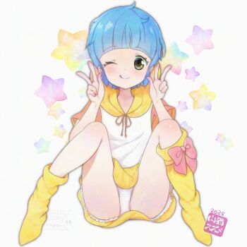 1girl :q blue_hair double_v green_eyes legs_apart loli looking_at_viewer mahou_no_tenshi_creamy_mami miniskirt morisawa_yuu one_eye_closed panties pantyshot shirt short_hair short_sleeves sitting skirt smile socks solo thighs tongue tongue_out underwear v white_panties white_shirt yamaneko_suzume yellow_skirt yellow_socks