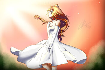 Rule 34 | 1girl, alternate breast size (smaller), alternate costume, animal ears, artist name, bare shoulders, black choker, breasts, brown hair, choker, collarbone, commentary, cowboy shot, dress, elbow gloves, english commentary, floating hair, gem, gloves, hand up, highres, leg up, long hair, looking ahead, medium dress, metal hair tubes, raccoon ears, raccoon girl, raphtalia, red eyes, red gem, rizqyalis, signature, small breasts, solo, straight hair, strapless, strapless dress, tate no yuusha no nariagari, watermark, wedding dress, white dress, white gloves